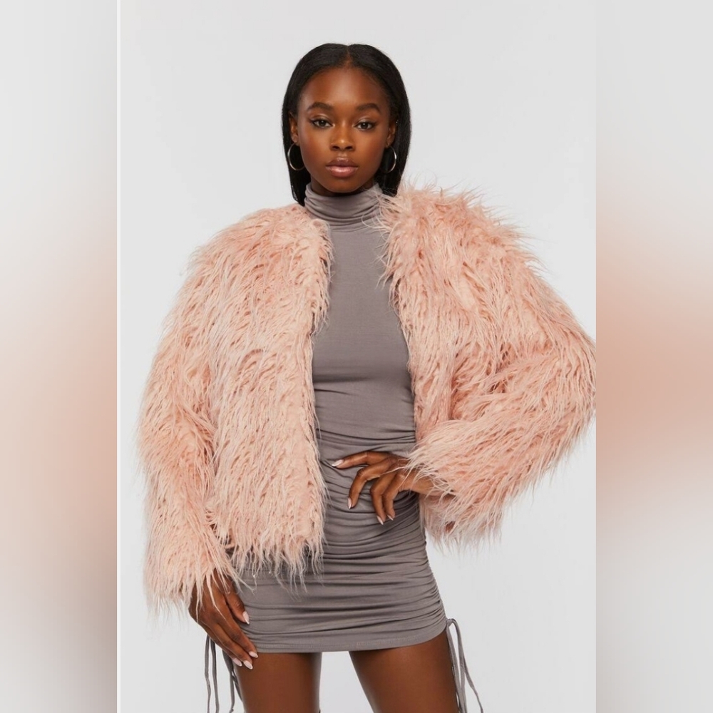 H&M Faux Pink Curly Lamb Fur Jacket